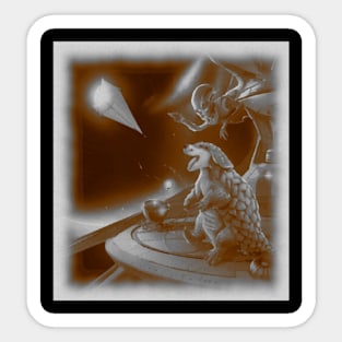 black and white pangolin flying kite on spaceship Sticker